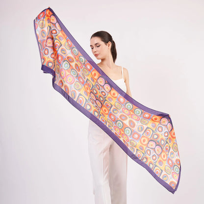 Vual İpek Fular | 55x180 cm | Mor Kandinsky Squares with Concentric Circles | Nomads Felt
