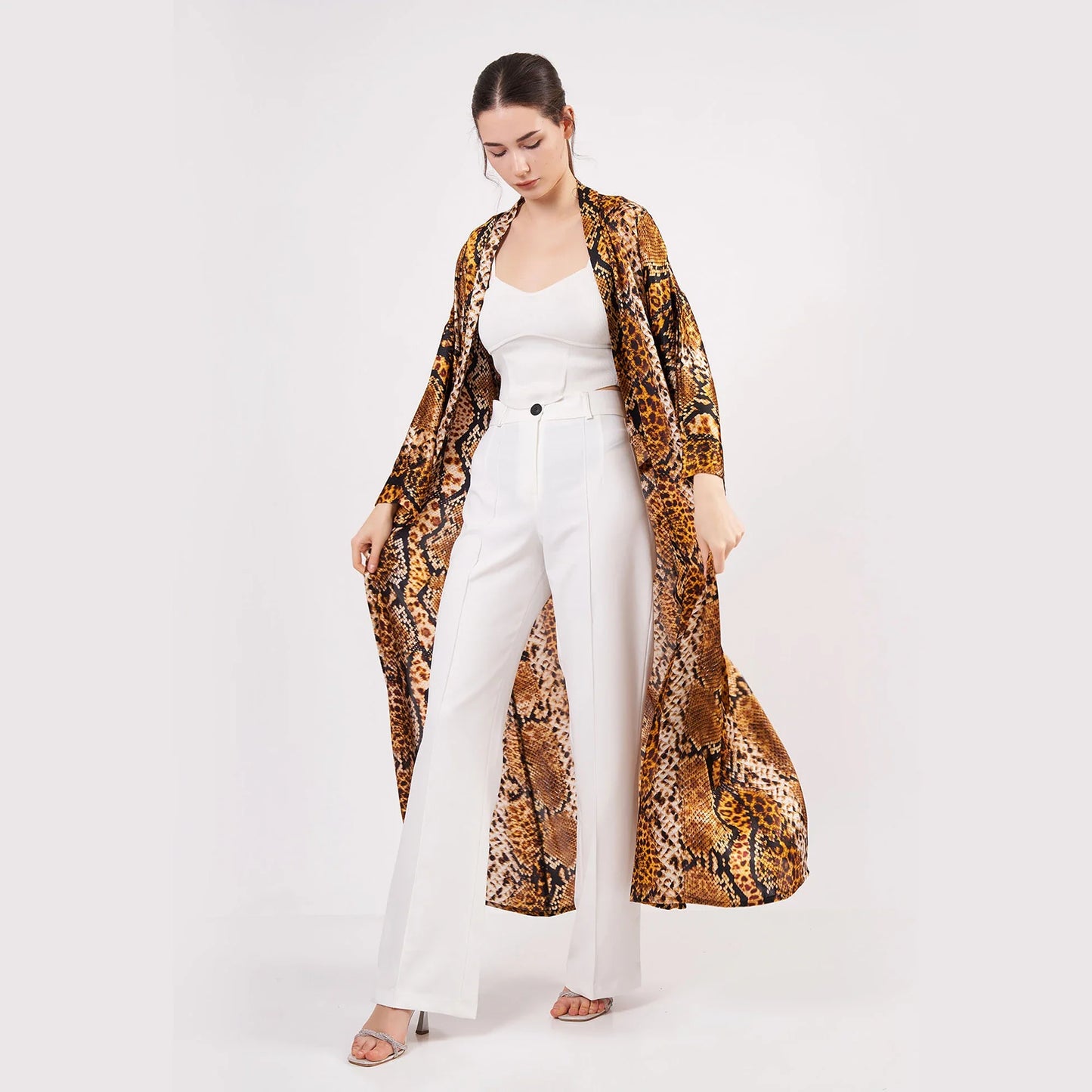 %100 İpek Uzun Kimono | Gold-Kahve | Yılan Derisi Desen | Nomads Felt