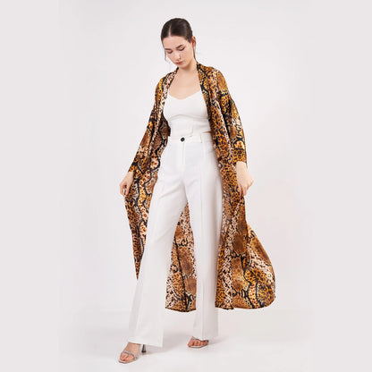 %100 İpek Uzun Kimono | Gold-Kahve | Yılan Derisi Desen | Nomads Felt