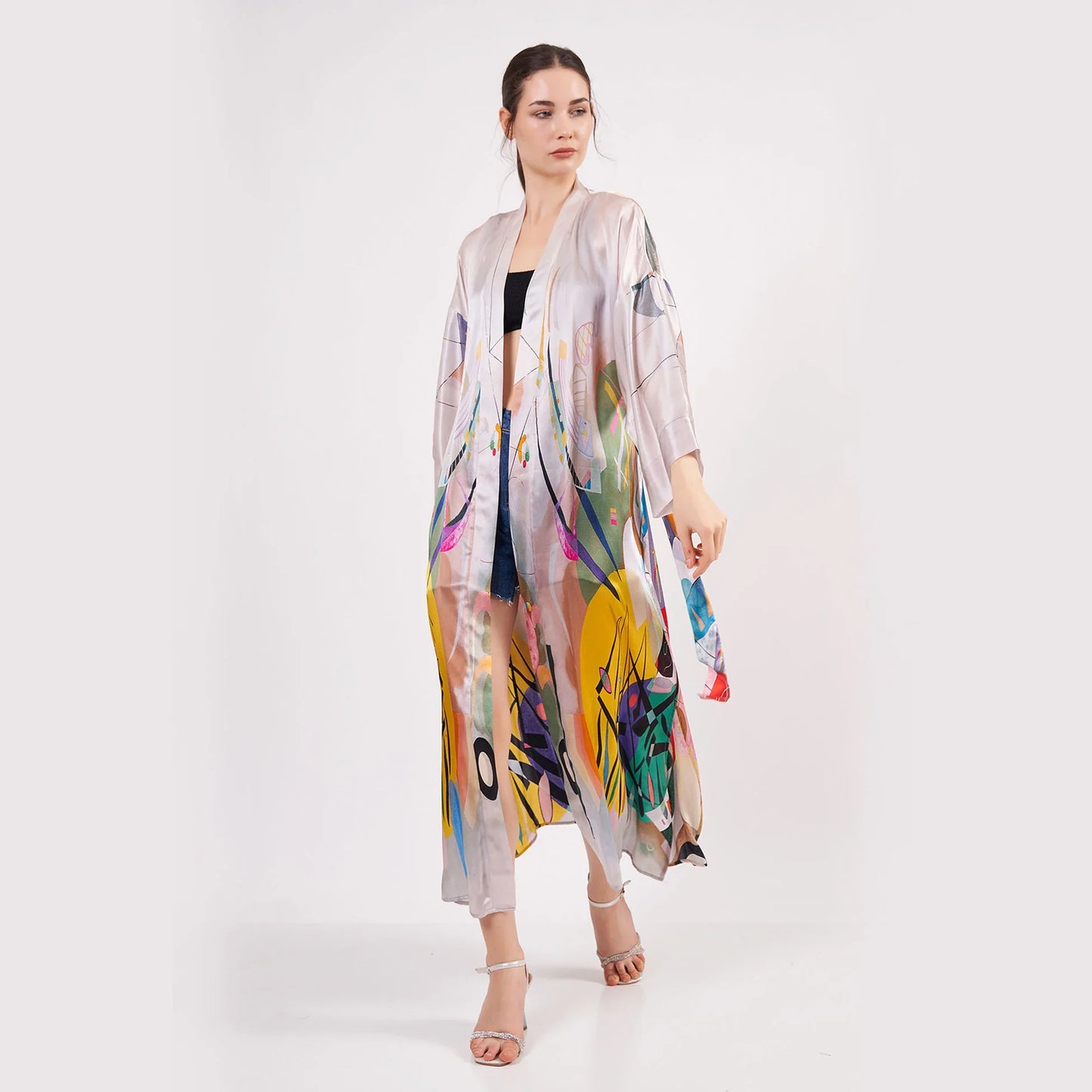 %100 İpek Uzun Kimono Kaftan | Kandinsky Dominant Curve | Nomads Felt