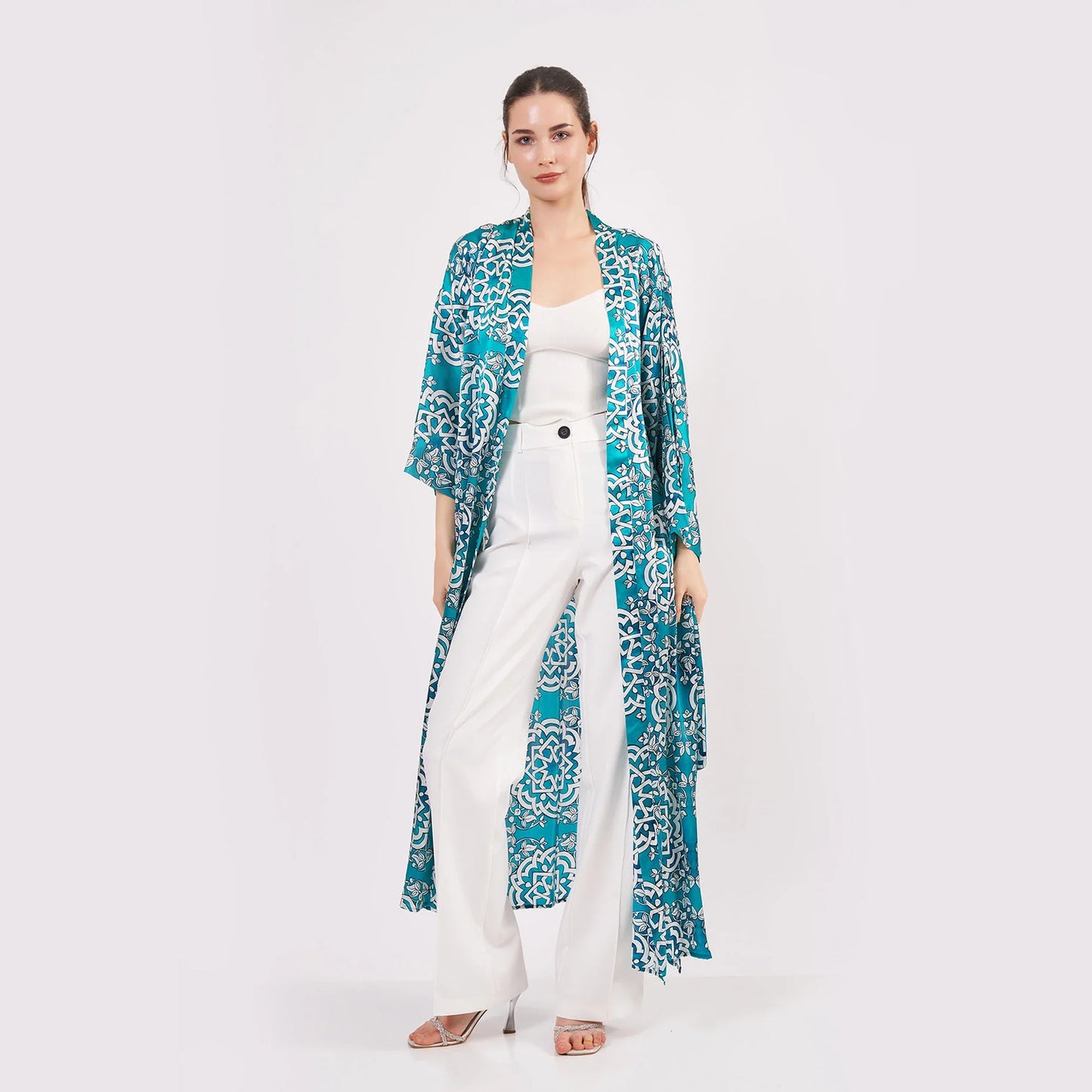 Saf İpek Uzun Kimono Kaftan | Çini Desen Turkuaz | Nomads Felt