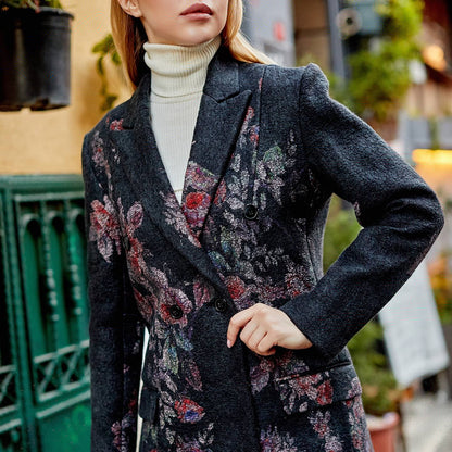 İpek-Yün Haute Couture Ceket | Antrasit Çiçek Desen | Nomads Felt