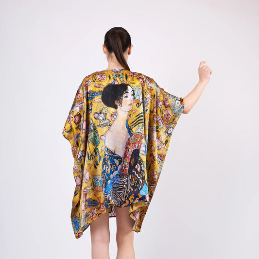 %100 İpek Kısa Kimono Pareo | Gustav Klimt Lady with Fan-Yelpazeli Kadın | Nomads Felt