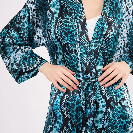 %100 İpek Kimono | Turkuaz Yılan Derisi Desen | Nomads Felt