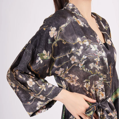 Saf İpek Kısa Kimono Kaftan | Van Gogh Badem Ağacı Antrasit | Nomads Felt