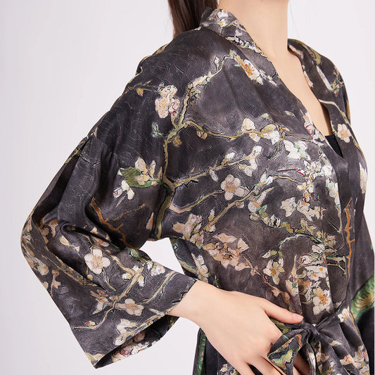 Saf İpek Kısa Kimono Kaftan | Van Gogh Badem Ağacı Antrasit | Nomads Felt