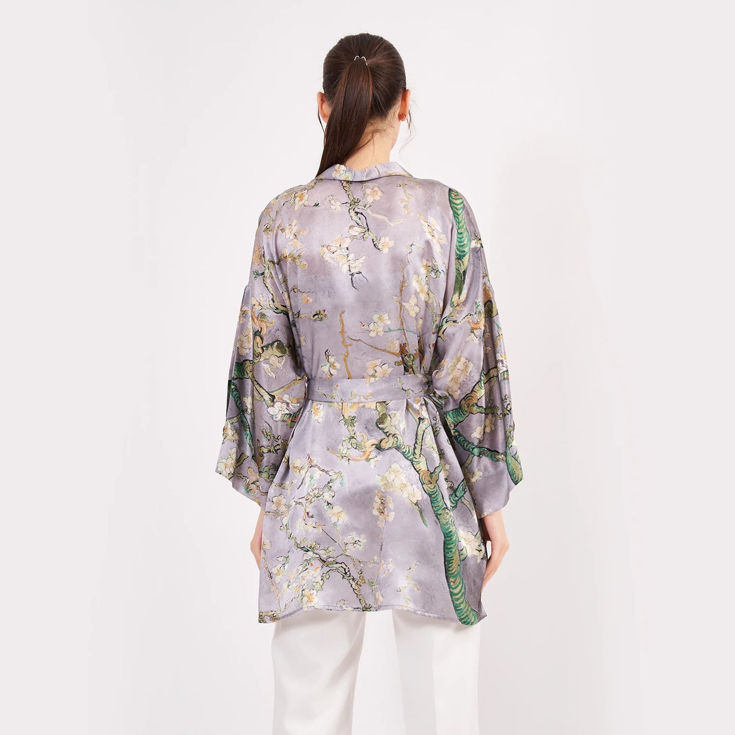 Saf İpek Kısa Kimono Kaftan | Van Gogh Badem Ağacı Gri | Nomads Felt