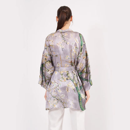 Saf İpek Kısa Kimono Kaftan | Van Gogh Badem Ağacı Gri | Nomads Felt