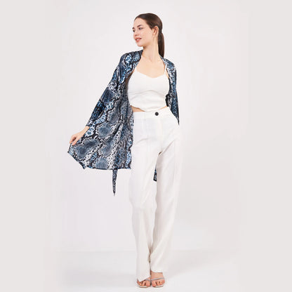 Saf İpek Kısa Kimono Kaftan | Yılan Derisi Desen Mavi | Nomads Felt