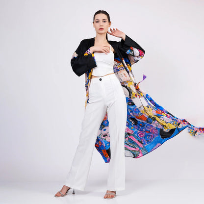 %100 İpek Uzun Kimono Kaftan | Gustav Klimt The Virgins | Nomads Felt