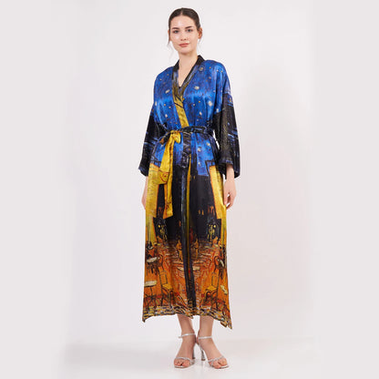 %100 İpek Uzun Kimono | Van Gogh Cafe Terrace at Night | Nomads Felt