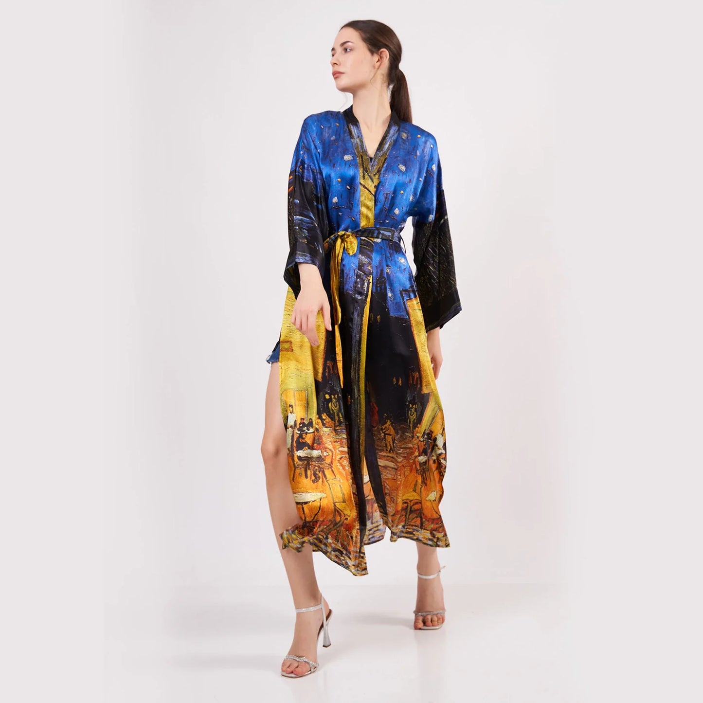 %100 İpek Uzun Kimono | Van Gogh Cafe Terrace at Night | Nomads Felt