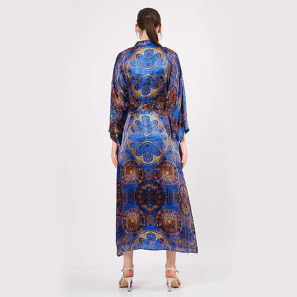 Saf İpek Uzun Kimono Kaftan | Mandala Desen 2 | Saks Mavi | Nomads Felt
