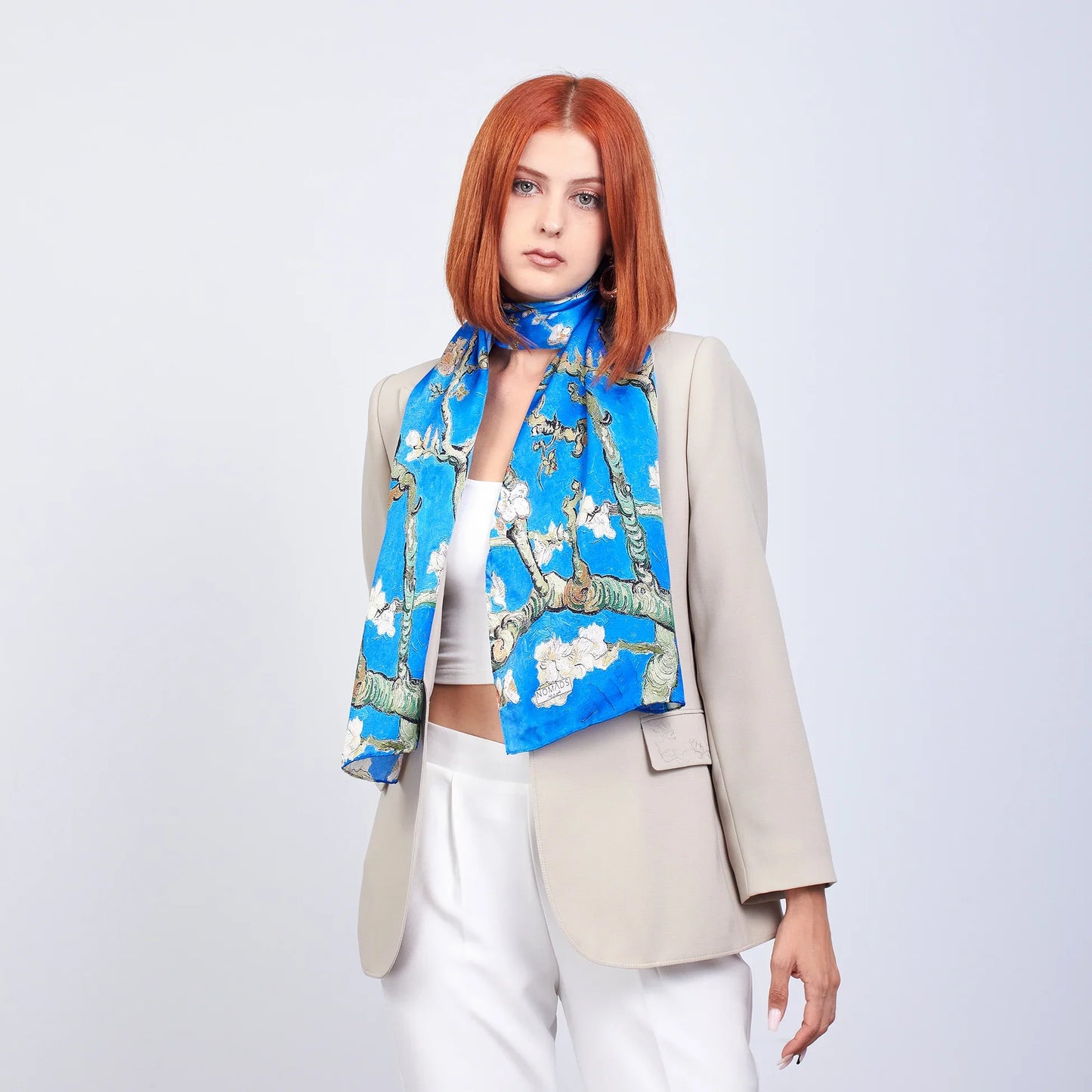 %100 İpek Fular | 55x180 cm | Mavi Van Gogh Almond Blossoms | Nomads Felt