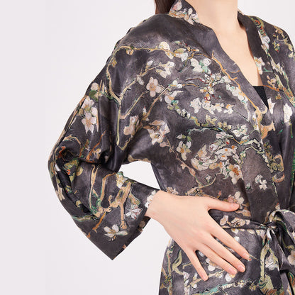 %100 İpek Kimono Kaftan | Antrasit | Van Gogh Badem Ağacı | Nomads Felt