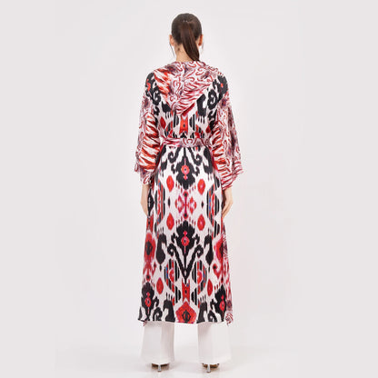 Saf İpek Kapüşonlu Kimono Kaftan İkat Desen 18 | Nomads Felt
