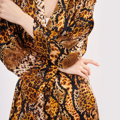 %100 İpek Uzun Kimono | Gold-Kahve | Yılan Derisi Desen | Nomads Felt