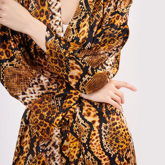 %100 İpek Uzun Kimono | Gold-Kahve | Yılan Derisi Desen | Nomads Felt