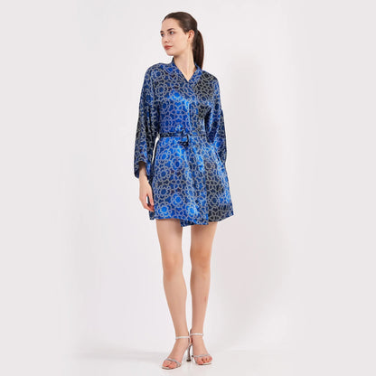 Saf İpek Kısa Kimono Kaftan | Mavi Beyaz Desenli | Nomads Felt