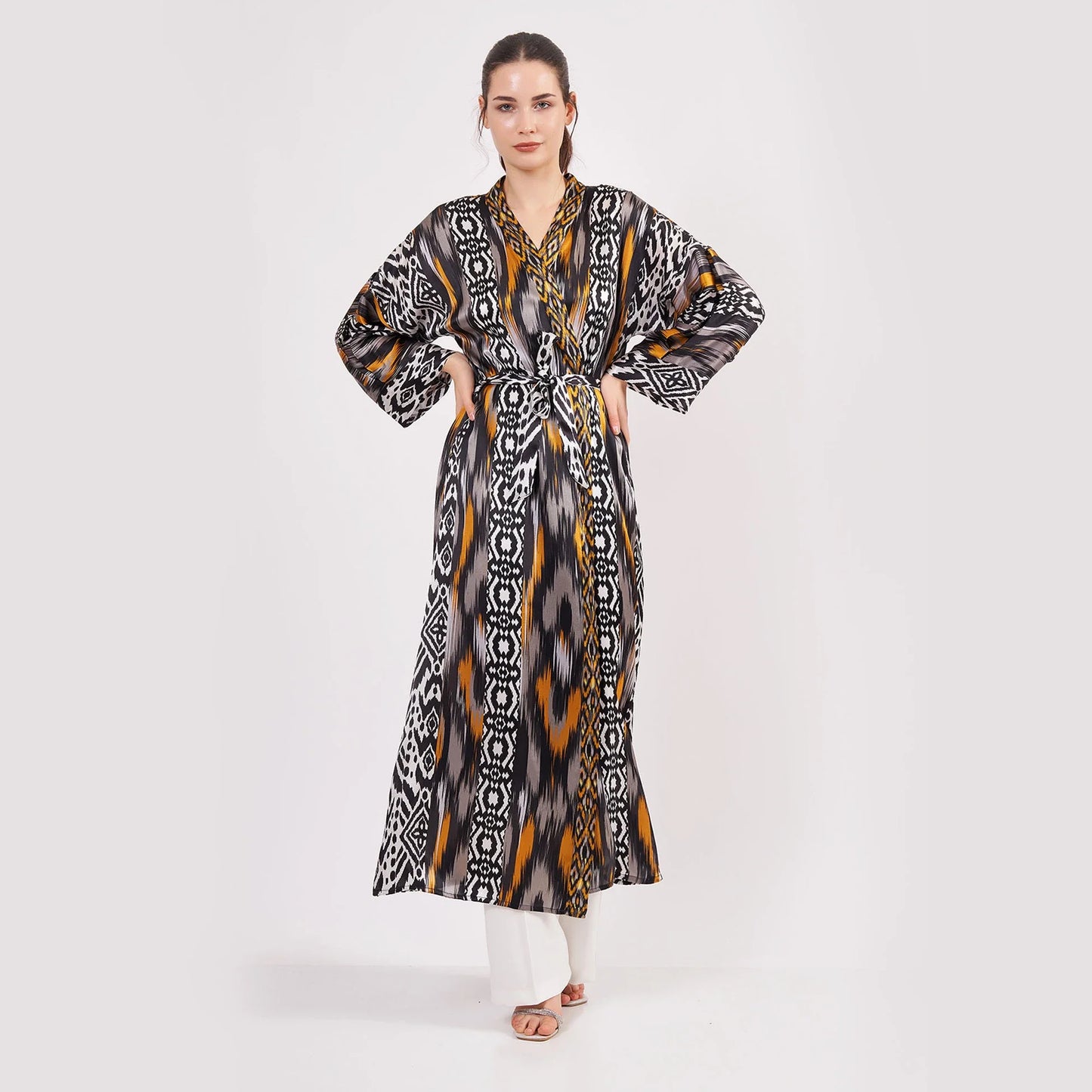 Saf İpek Uzun Kimono Kaftan | Ikat Desen 14 | Nomads Felt