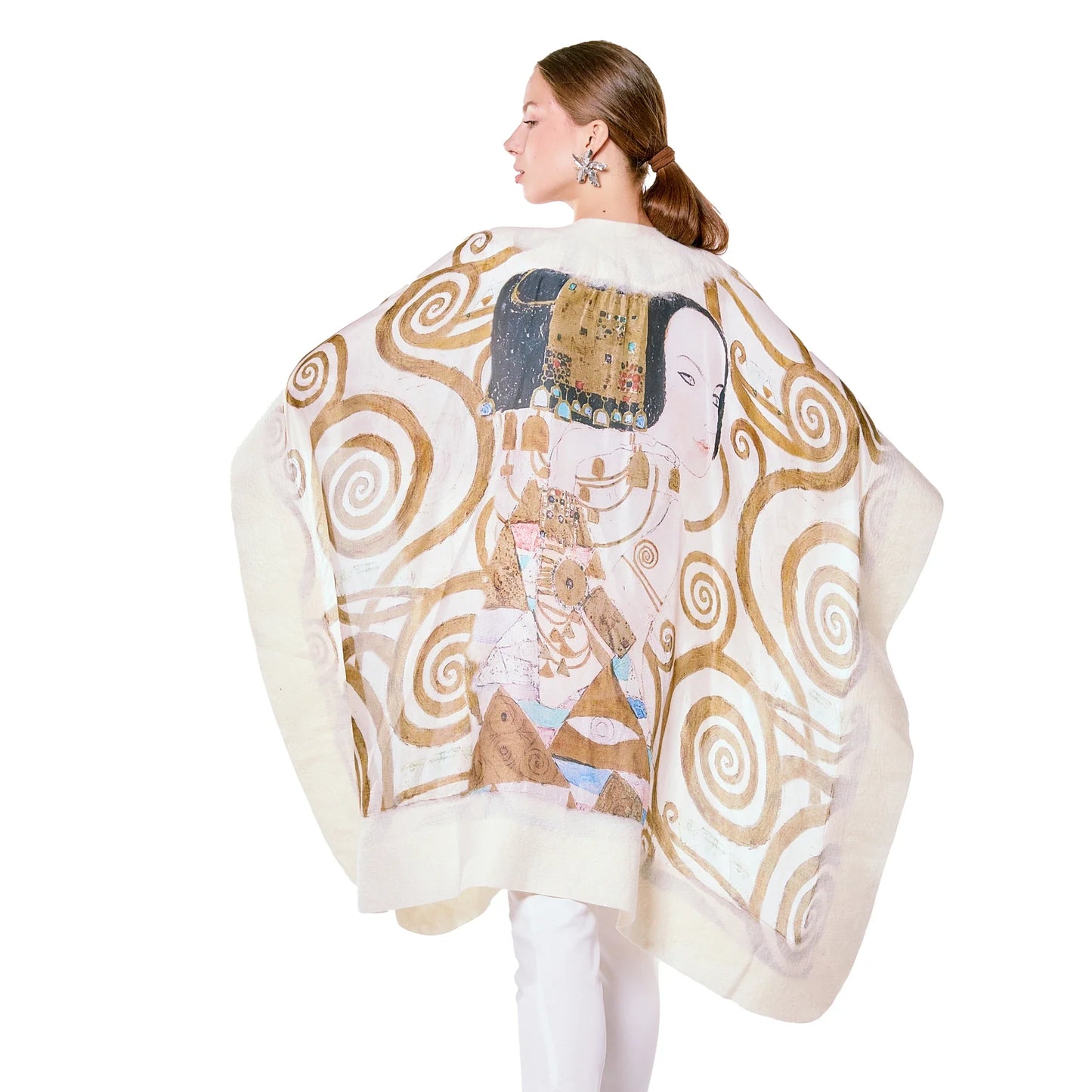 İpek-Keçe Panço | Beyaz Gustav Klimt Expectation | Nomads Felt