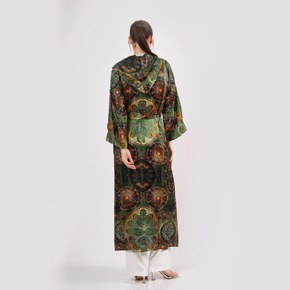 Saf İpek Kapüşonlu Kimono Kaftan | Mandala Desen Haki | Nomads Felt
