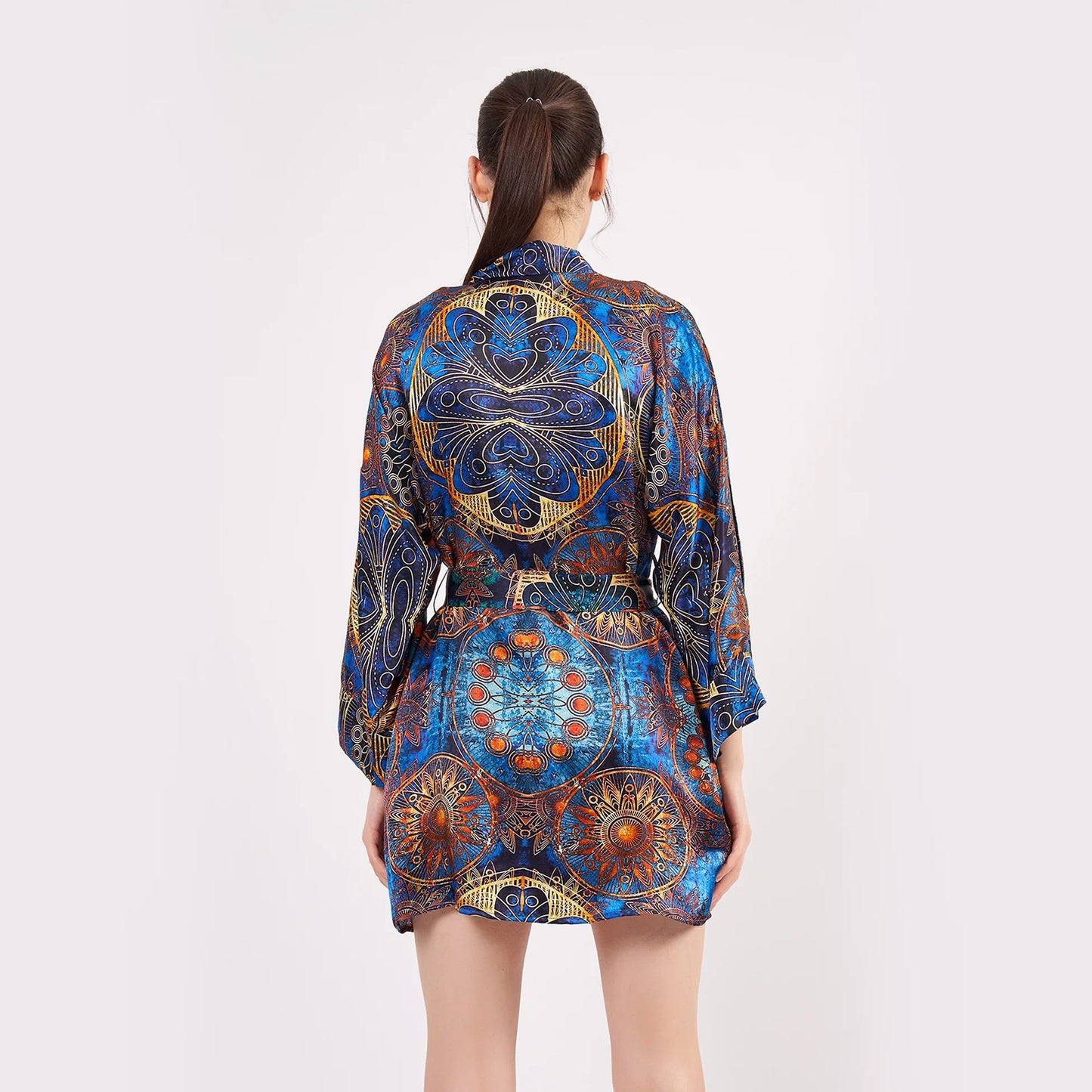 Saf İpek Kısa Kimono Kaftan | Mandala Desen 1 Mavi | Nomads Felt