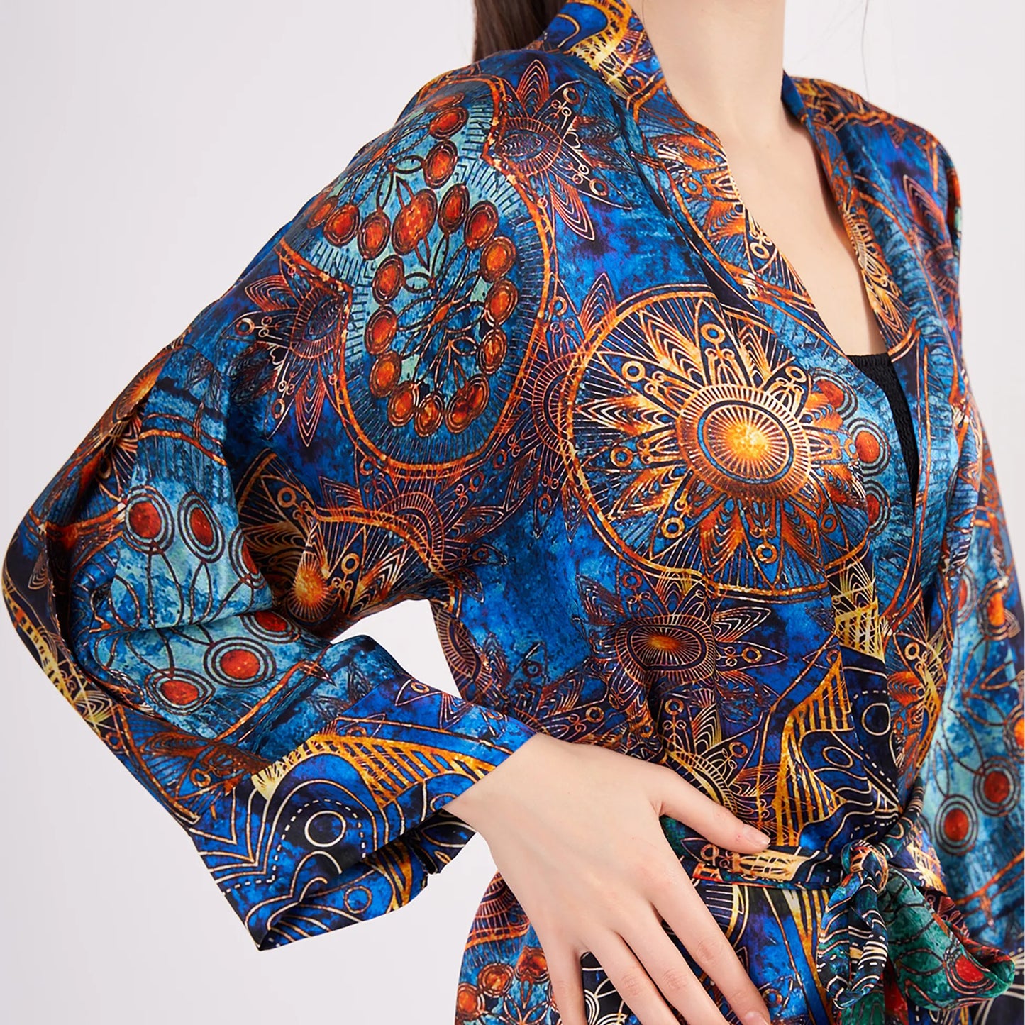 Saf İpek Kısa Kimono Kaftan | Mandala Desen 1 Mavi | Nomads Felt