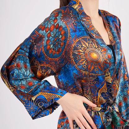 Saf İpek Kısa Kimono Kaftan | Mandala Desen 1 Mavi | Nomads Felt
