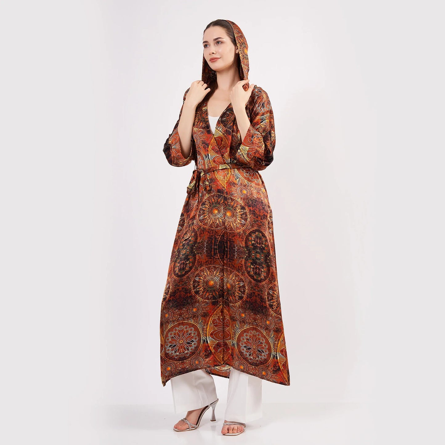 İpek Kapüşonlu Kimono Kaftan | Mandala Desen Kahverengi | Nomads Felt