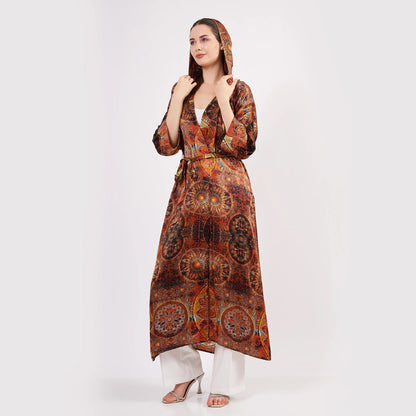 İpek Kapüşonlu Kimono Kaftan | Mandala Desen Kahverengi | Nomads Felt