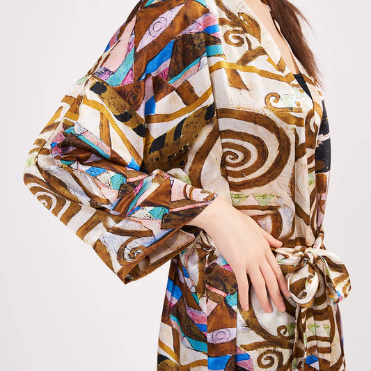 Saf İpek Kısa Kimono Kaftan | Gustav Klimt Expectation | Nomads Felt