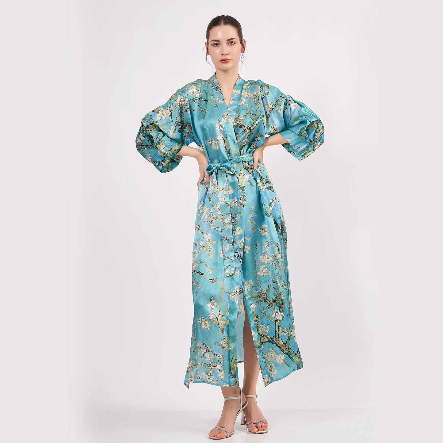 %100 İpek Uzun Kimono Kaftan | Turkuaz | Van Gogh Badem Ağacı | Nomads Felt