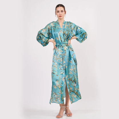 %100 İpek Uzun Kimono Kaftan | Turkuaz | Van Gogh Badem Ağacı | Nomads Felt