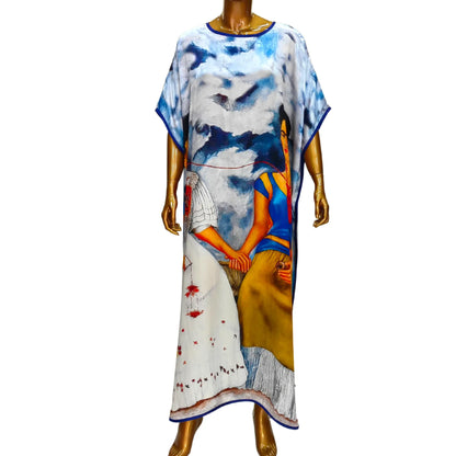 Renkli Frida Kahlo İpek Elbise
