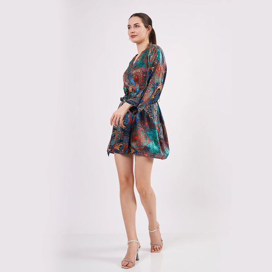 Saf İpek Kısa Kimono Kaftan | Mandala Desen 2 Yeşil | Nomads Felt