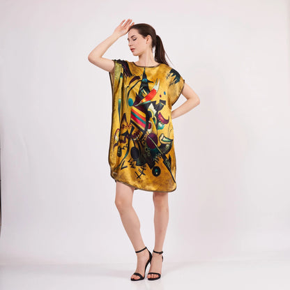 Saf İpek Kısa Elbise | Kandinsky Point and Line | Nomads Felt