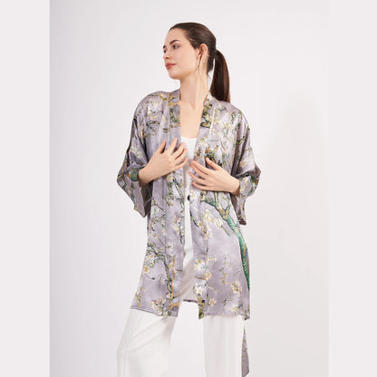 Saf İpek Kısa Kimono Kaftan | Van Gogh Badem Ağacı Gri | Nomads Felt
