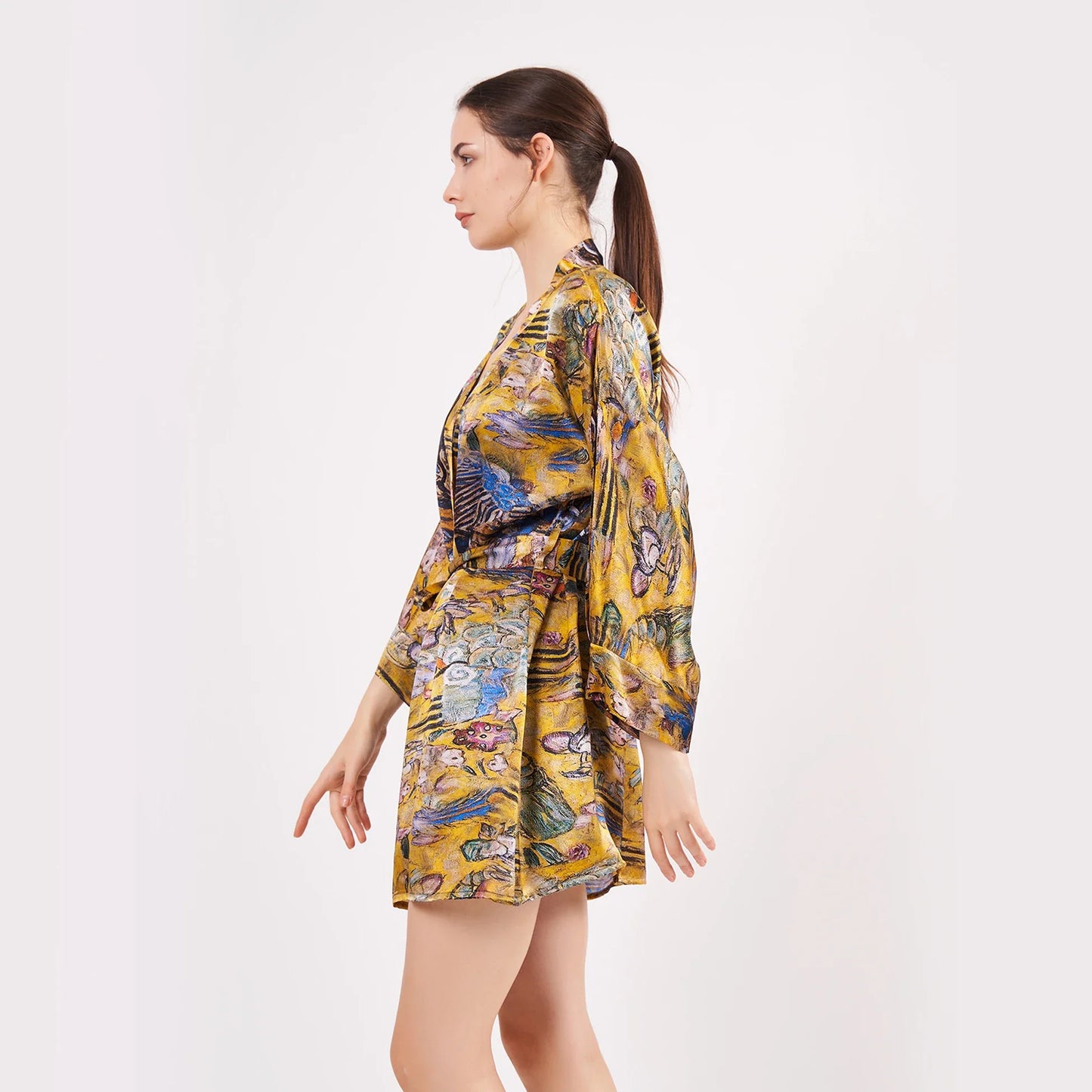 Saf İpek Kısa Kimono Kaftan | Gold Desenli | Nomads Felt
