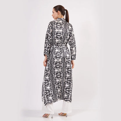 Saf İpek Uzun Kimono Kaftan | Siyah-Beyaz Desenli | Nomads Felt
