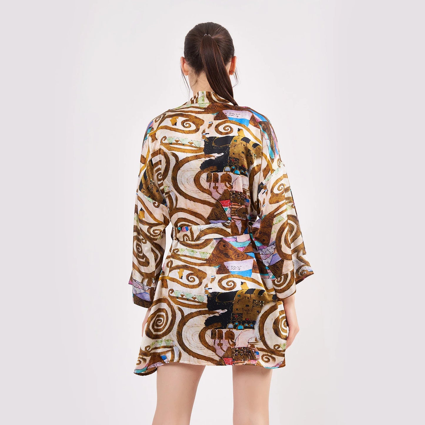 Saf İpek Kısa Kimono Kaftan | Gustav Klimt Expectation | Nomads Felt