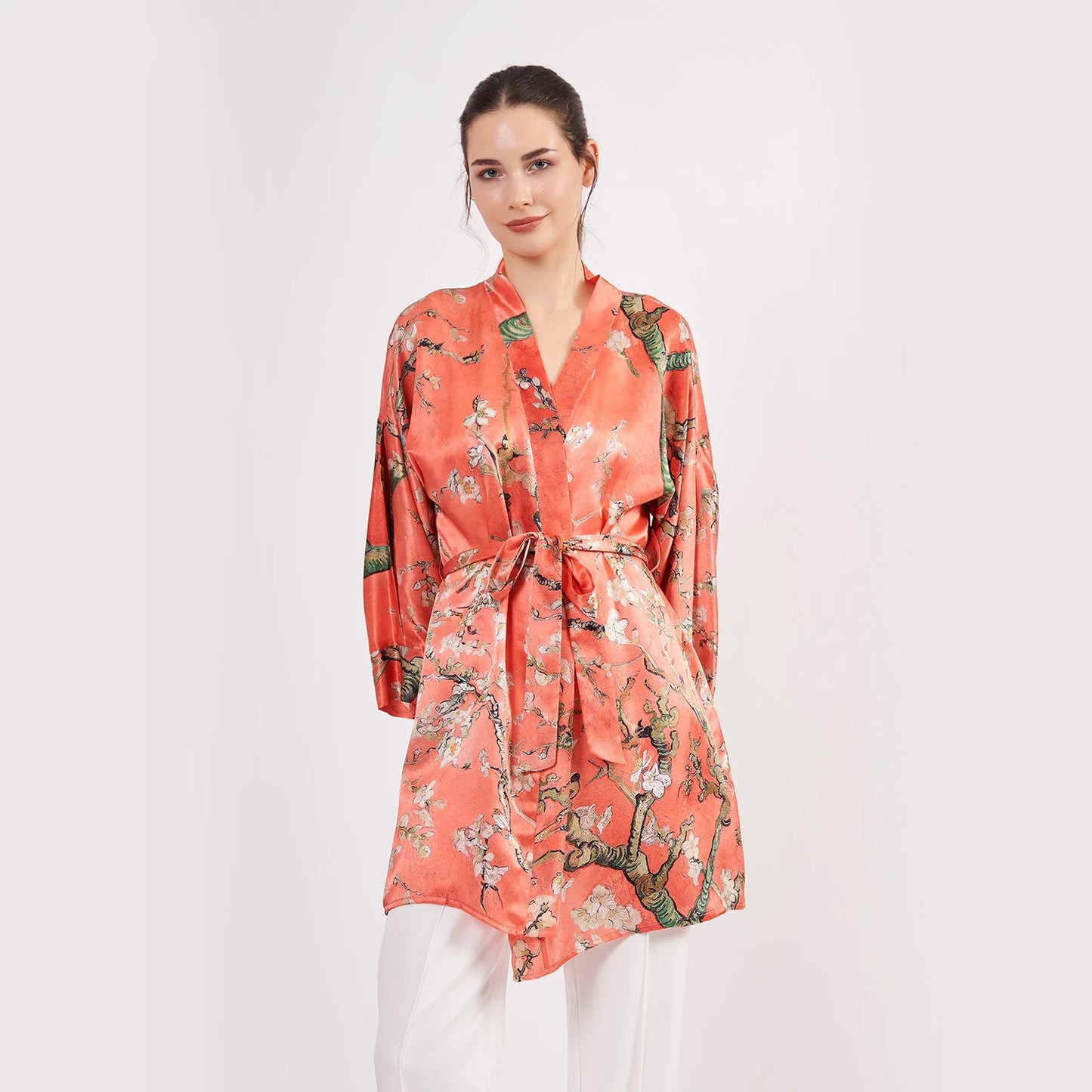 Saf İpek Kısa Kimono Kaftan | Van Gogh Badem Ağacı Nar Çiçeği | Nomads Felt