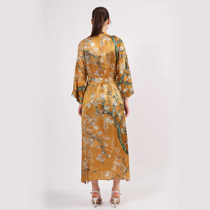 %100 İpek Kimono Kaftan | Gold | Van Gogh Badem Ağacı | Nomads Felt