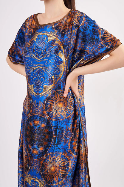 Saf İpek Uzun Elbise | Mandala Desen Saks Mavi | Nomads Felt