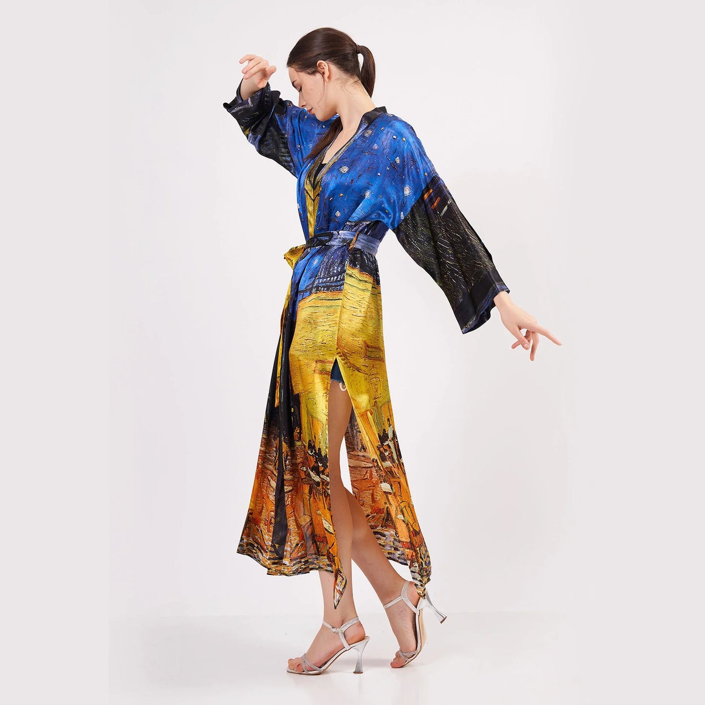%100 İpek Uzun Kimono | Van Gogh Cafe Terrace at Night | Nomads Felt