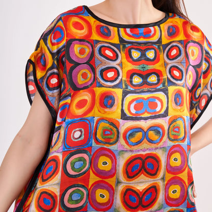 Saf İpek Kısa Elbise | Kandinsky Squares with Circles | Nomads Felt