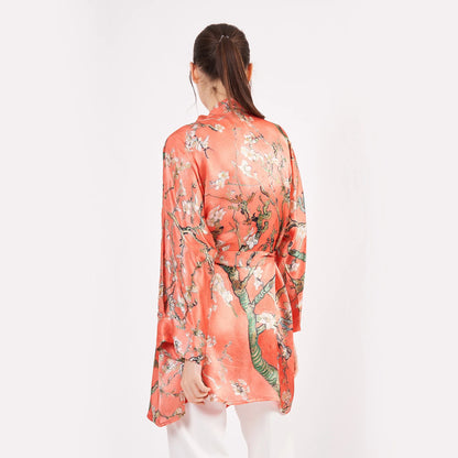 Saf İpek Kısa Kimono Kaftan | Van Gogh Badem Ağacı Nar Çiçeği | Nomads Felt