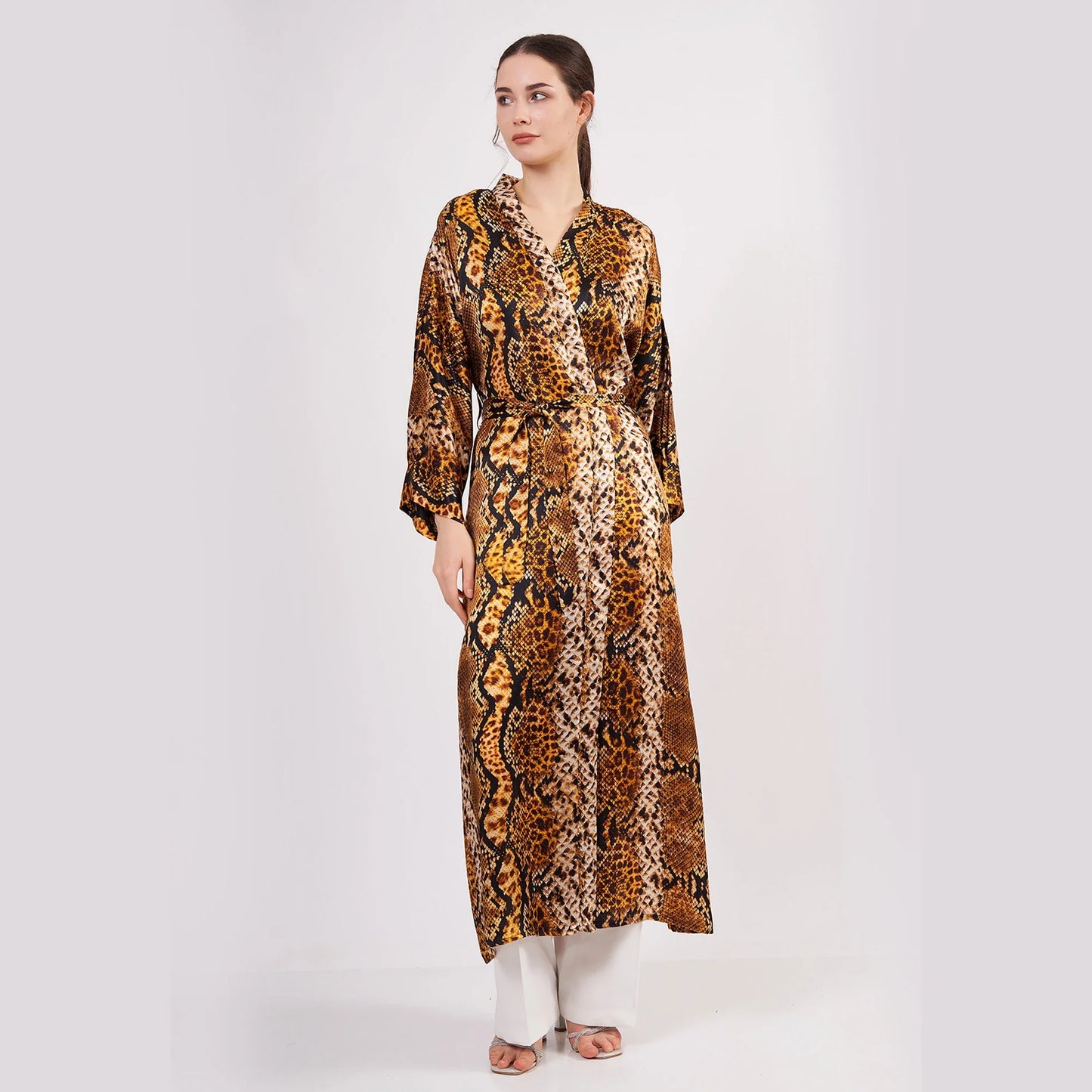 %100 İpek Uzun Kimono | Gold-Kahve | Yılan Derisi Desen | Nomads Felt