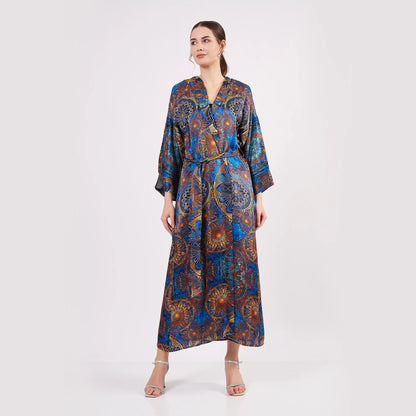 Saf İpek Kapüşonlu Kimono Kaftan | Mandala Desen Mavi | Nomads Felt