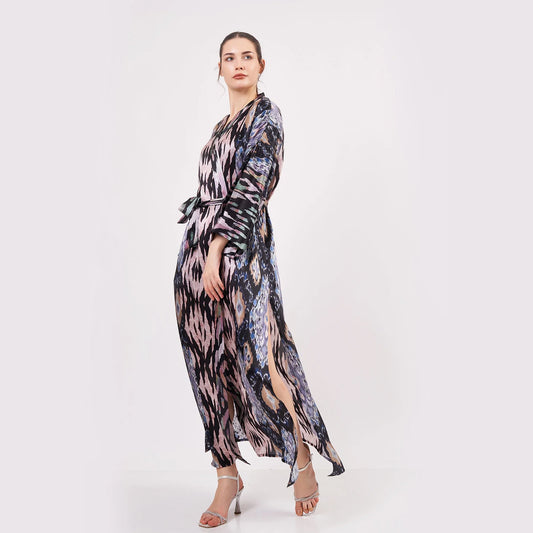 Saf İpek Uzun Kimono Kaftan | Ikat Desen 12 | Nomads Felt